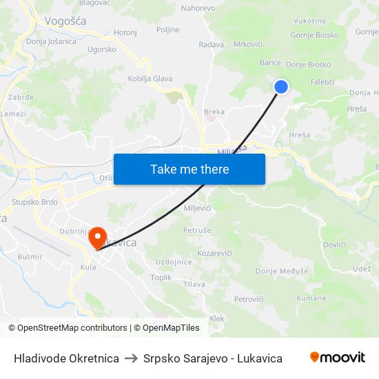 Hladivode Okretnica to Srpsko Sarajevo - Lukavica map