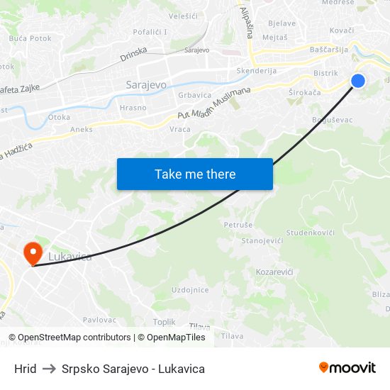Hrid to Srpsko Sarajevo - Lukavica map
