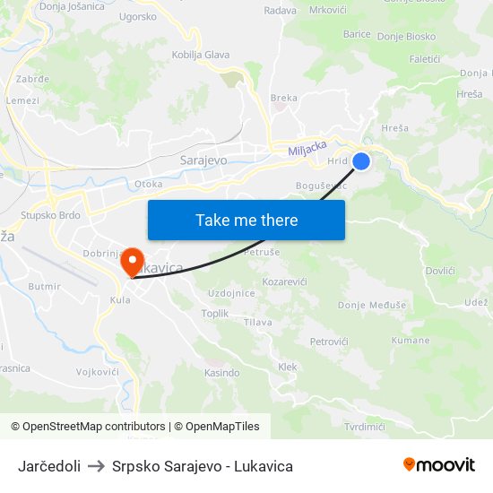 Jarčedoli to Srpsko Sarajevo - Lukavica map