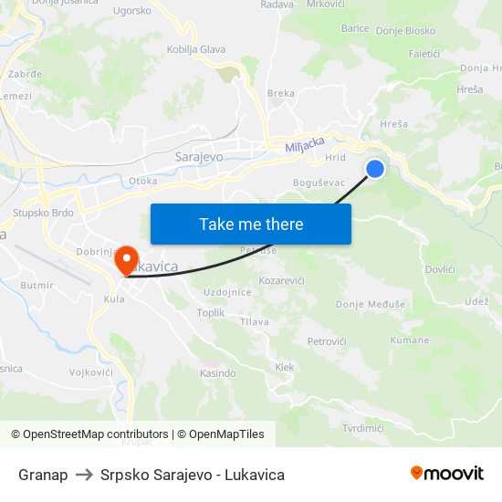 Granap to Srpsko Sarajevo - Lukavica map