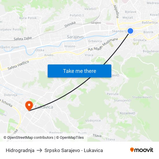 Hidrogradnja to Srpsko Sarajevo - Lukavica map