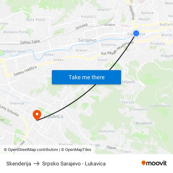Skenderija to Srpsko Sarajevo - Lukavica map