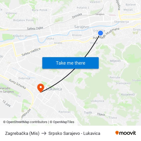 Zagrebačka (Mis) to Srpsko Sarajevo - Lukavica map