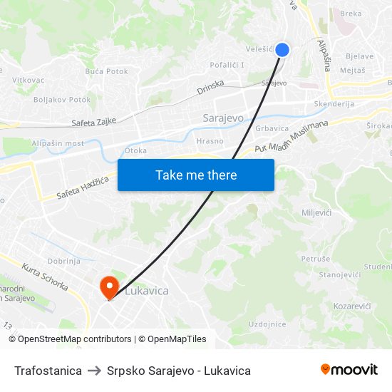 Trafostanica to Srpsko Sarajevo - Lukavica map
