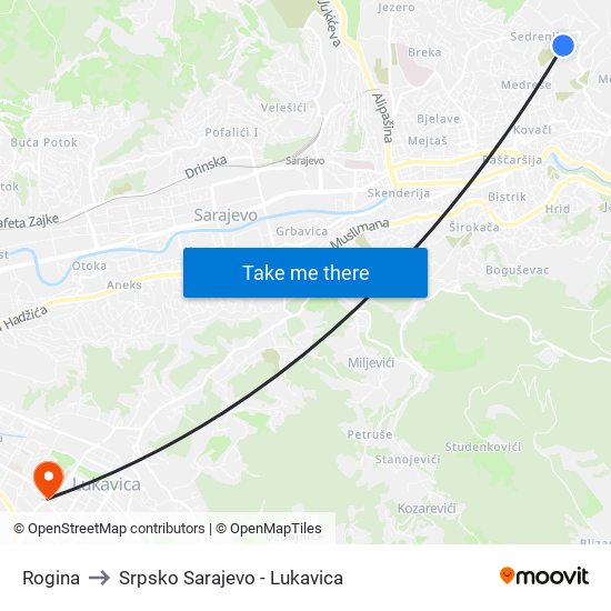 Rogina to Srpsko Sarajevo - Lukavica map