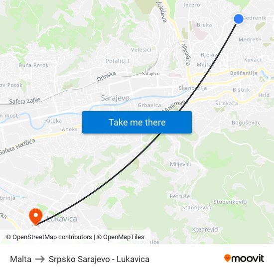 Malta to Srpsko Sarajevo - Lukavica map