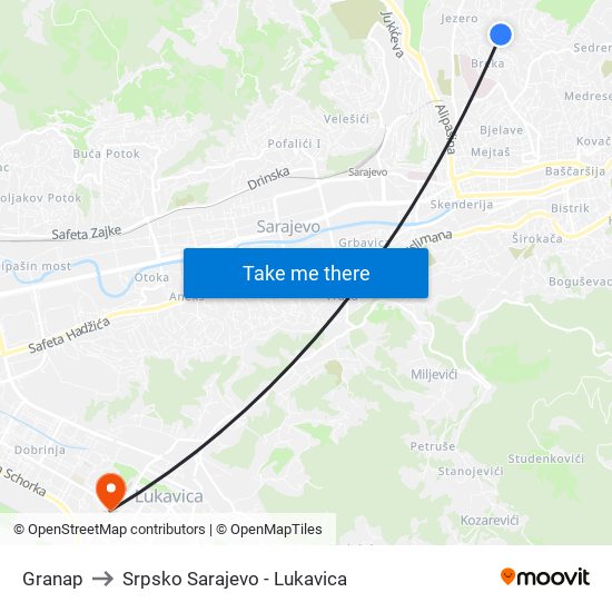 Granap to Srpsko Sarajevo - Lukavica map