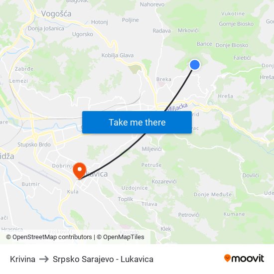 Krivina to Srpsko Sarajevo - Lukavica map