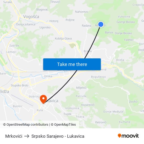 Mrkovići to Srpsko Sarajevo - Lukavica map