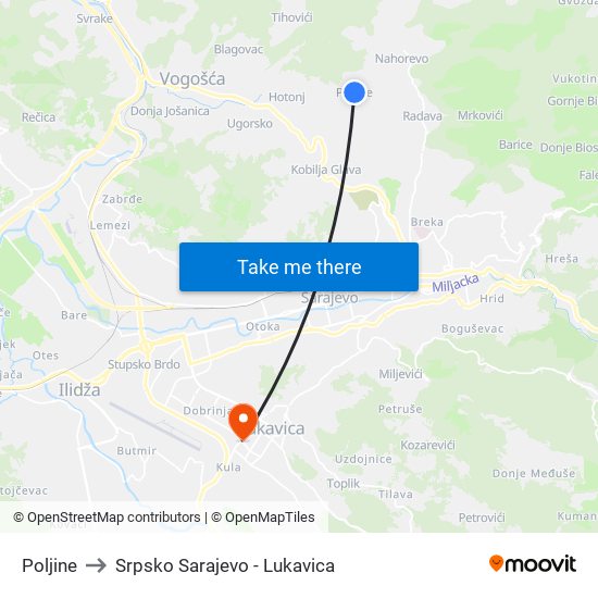 Poljine to Srpsko Sarajevo - Lukavica map