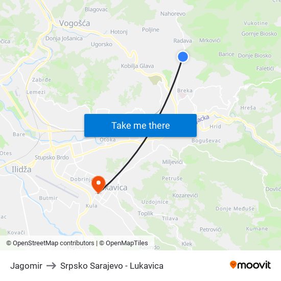 Jagomir to Srpsko Sarajevo - Lukavica map