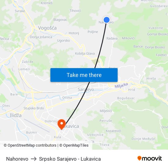 Nahorevo to Srpsko Sarajevo - Lukavica map