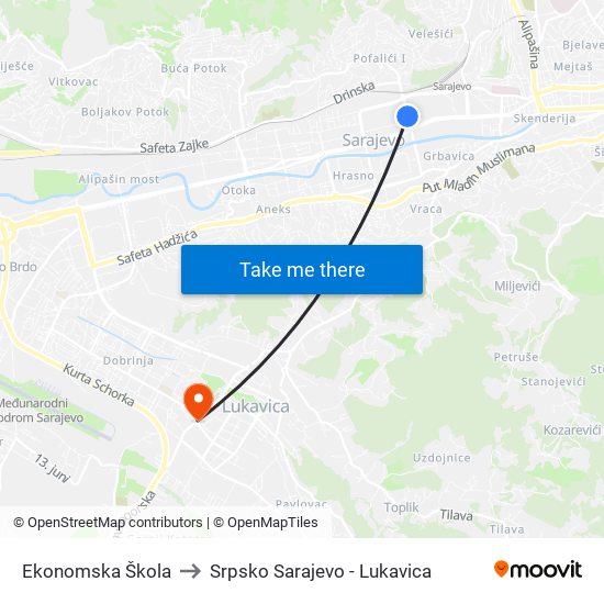 Ekonomska Škola to Srpsko Sarajevo - Lukavica map