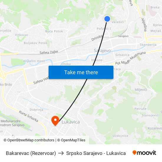 Bakarevac (Rezervoar) to Srpsko Sarajevo - Lukavica map