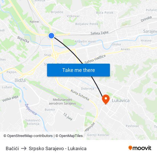 Bačići to Srpsko Sarajevo - Lukavica map