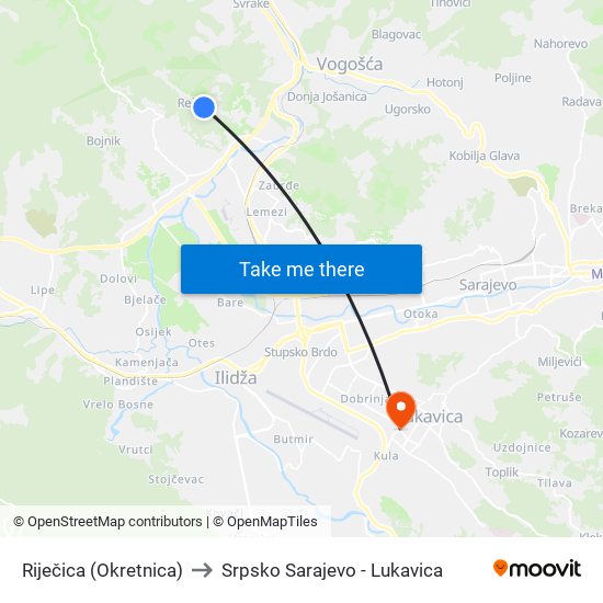 Riječica (Okretnica) to Srpsko Sarajevo - Lukavica map