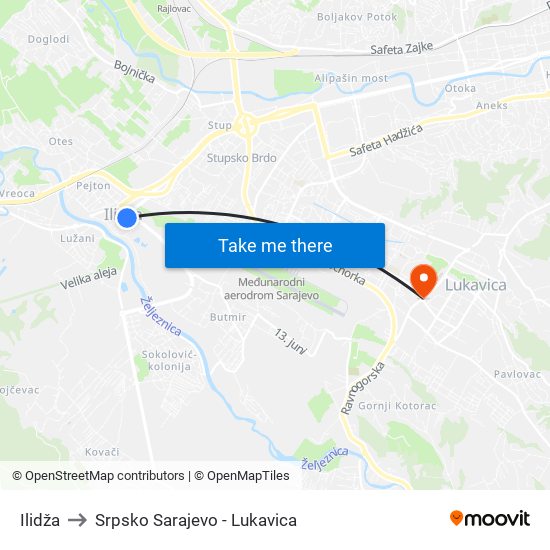 Ilidža to Srpsko Sarajevo - Lukavica map