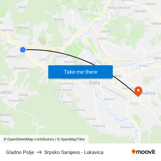 Gladno Polje to Srpsko Sarajevo - Lukavica map