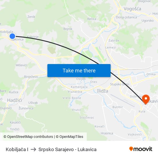 Kobiljača I to Srpsko Sarajevo - Lukavica map