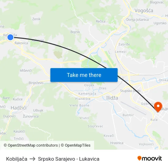 Kobiljača to Srpsko Sarajevo - Lukavica map