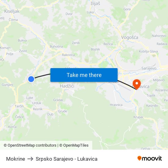 Mokrine to Srpsko Sarajevo - Lukavica map