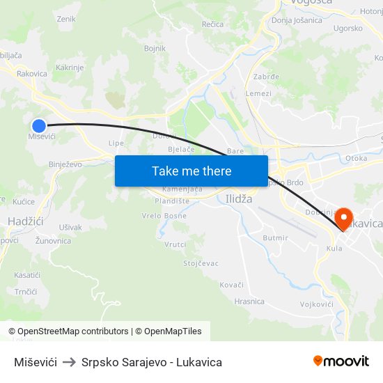 Miševići to Srpsko Sarajevo - Lukavica map