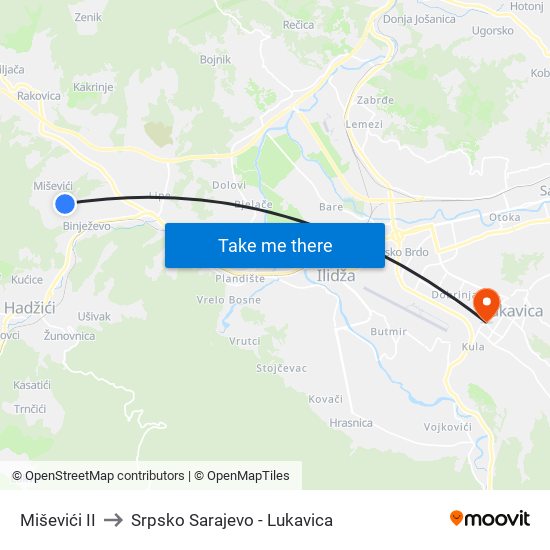 Miševići II to Srpsko Sarajevo - Lukavica map