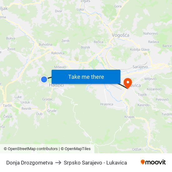 Donja Drozgometva to Srpsko Sarajevo - Lukavica map