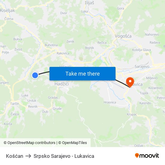 Košćan to Srpsko Sarajevo - Lukavica map