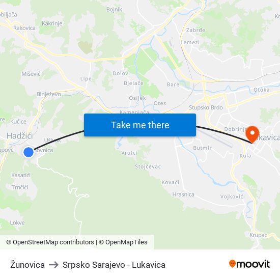Žunovica to Srpsko Sarajevo - Lukavica map