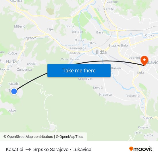 Kasatići to Srpsko Sarajevo - Lukavica map
