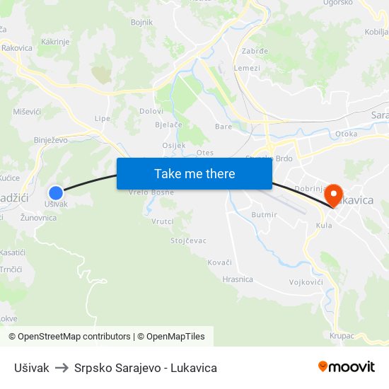 Ušivak to Srpsko Sarajevo - Lukavica map