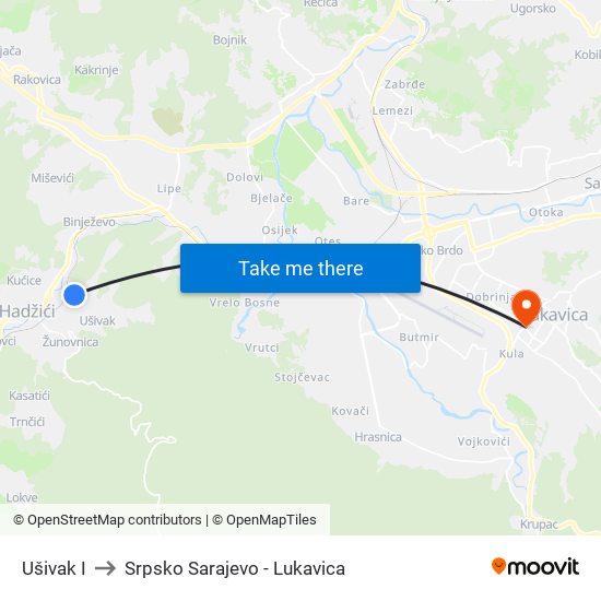 Ušivak I to Srpsko Sarajevo - Lukavica map