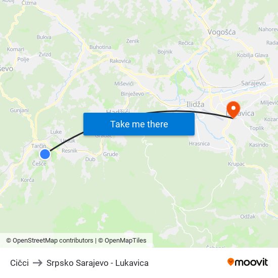 Cičci to Srpsko Sarajevo - Lukavica map