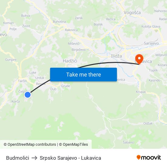 Budmolići to Srpsko Sarajevo - Lukavica map