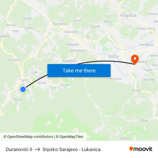 Duranovići II to Srpsko Sarajevo - Lukavica map