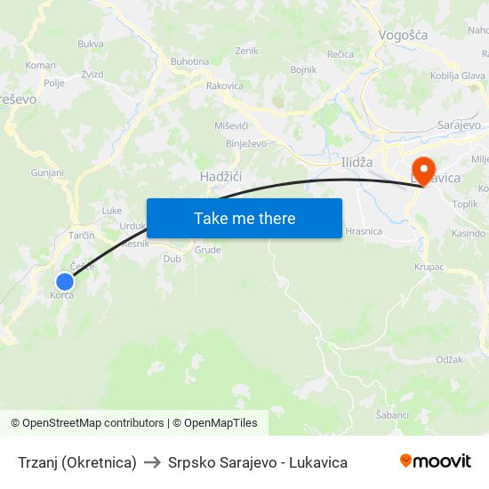 Trzanj (Okretnica) to Srpsko Sarajevo - Lukavica map