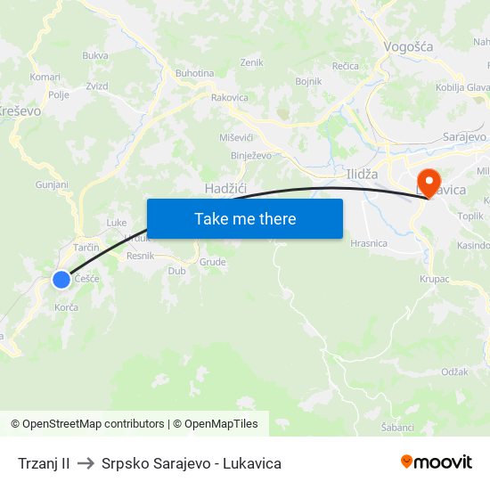 Trzanj II to Srpsko Sarajevo - Lukavica map