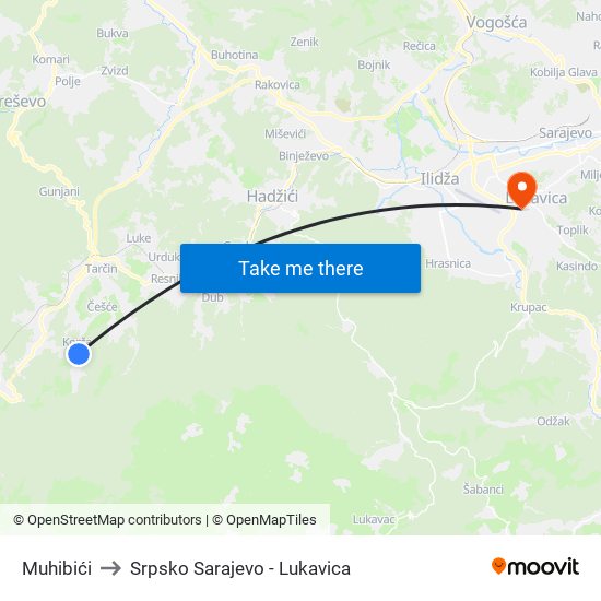 Muhibići to Srpsko Sarajevo - Lukavica map