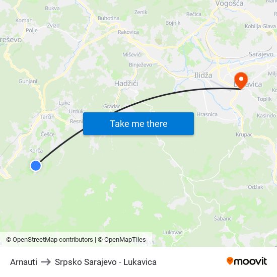 Arnauti to Srpsko Sarajevo - Lukavica map