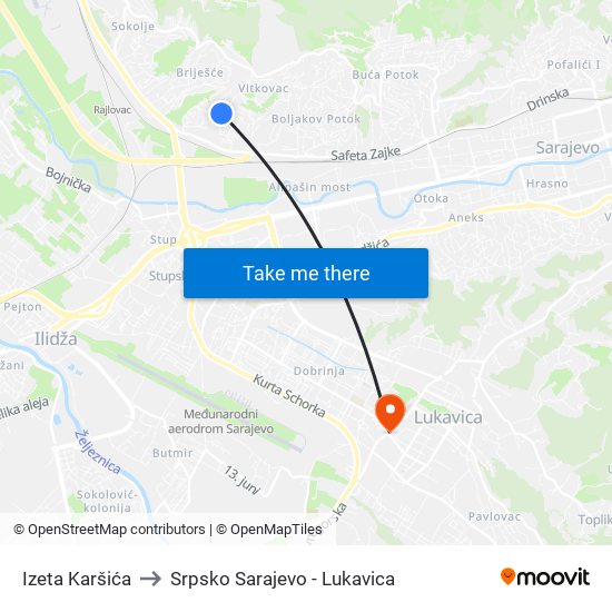 Izeta Karšića to Srpsko Sarajevo - Lukavica map