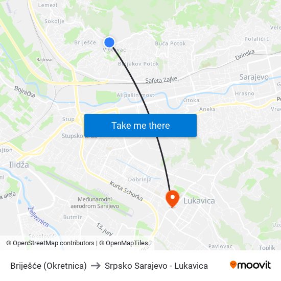 Briješće (Okretnica) to Srpsko Sarajevo - Lukavica map