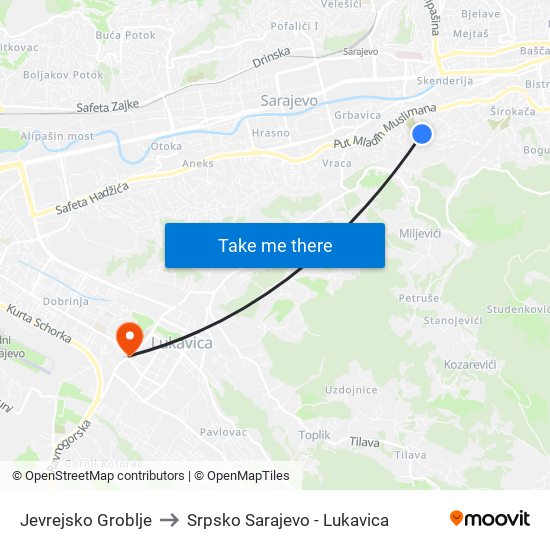 Jevrejsko Groblje to Srpsko Sarajevo - Lukavica map