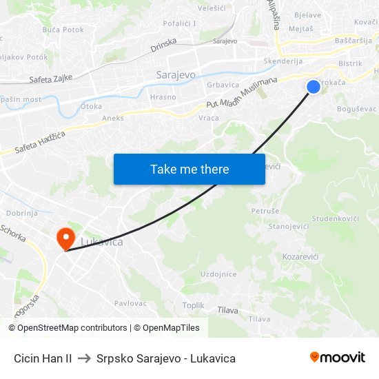 Cicin Han II to Srpsko Sarajevo - Lukavica map