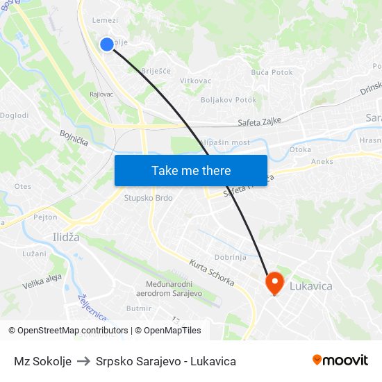 Mz Sokolje to Srpsko Sarajevo - Lukavica map