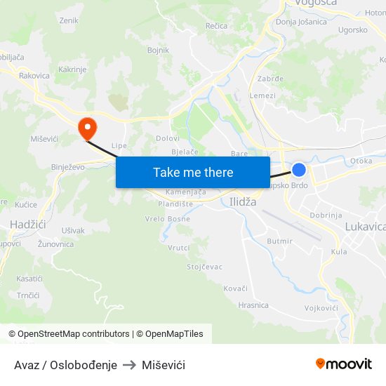 Avaz / Oslobođenje to Miševići map