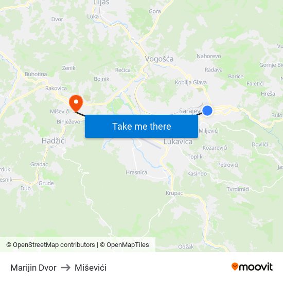Marijin Dvor to Miševići map