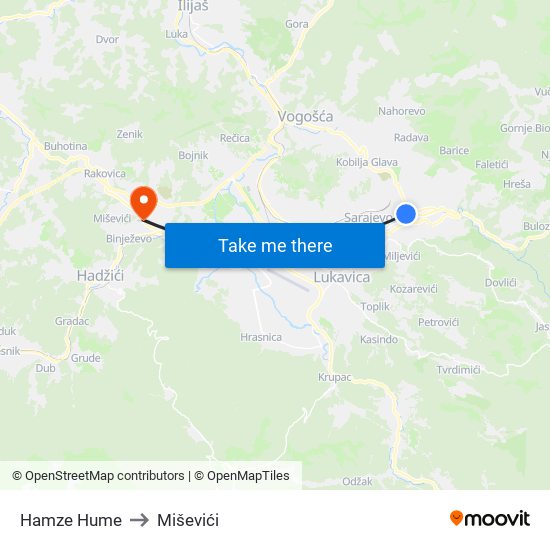 Hamze Hume to Miševići map