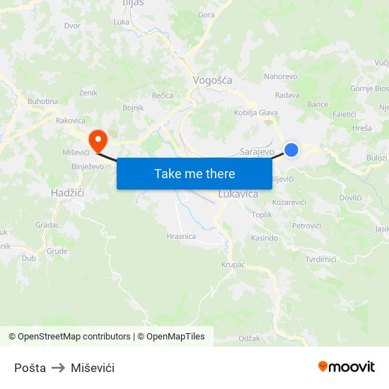 Pošta to Miševići map