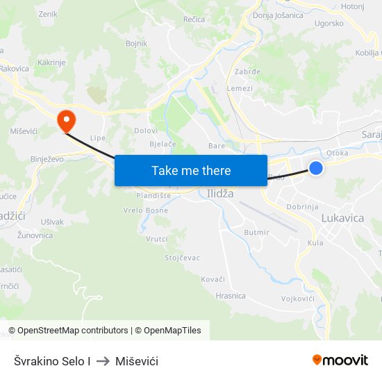 Švrakino Selo I to Miševići map